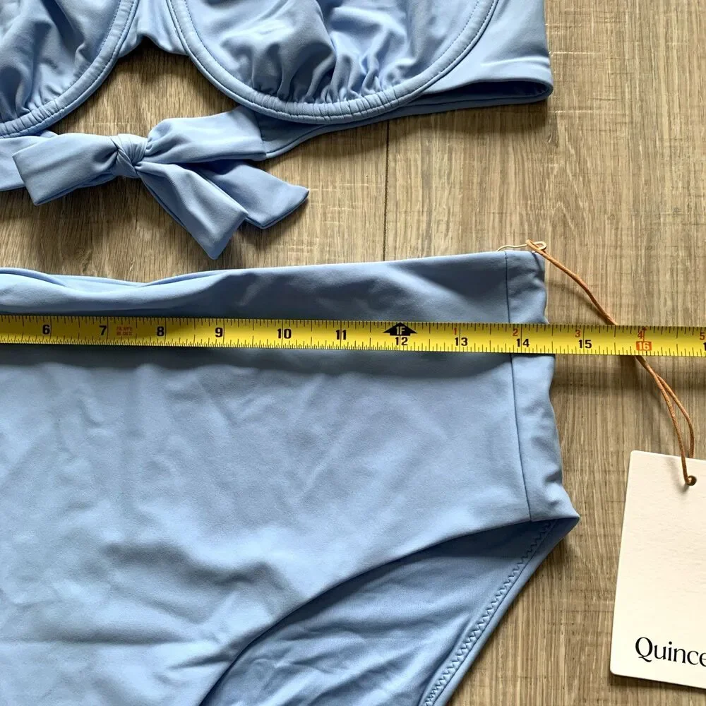 Quince Italian Demi Bikini Top Underwire Back Tie High Rise Bottom Swim Blue L - Picture 5 of 6